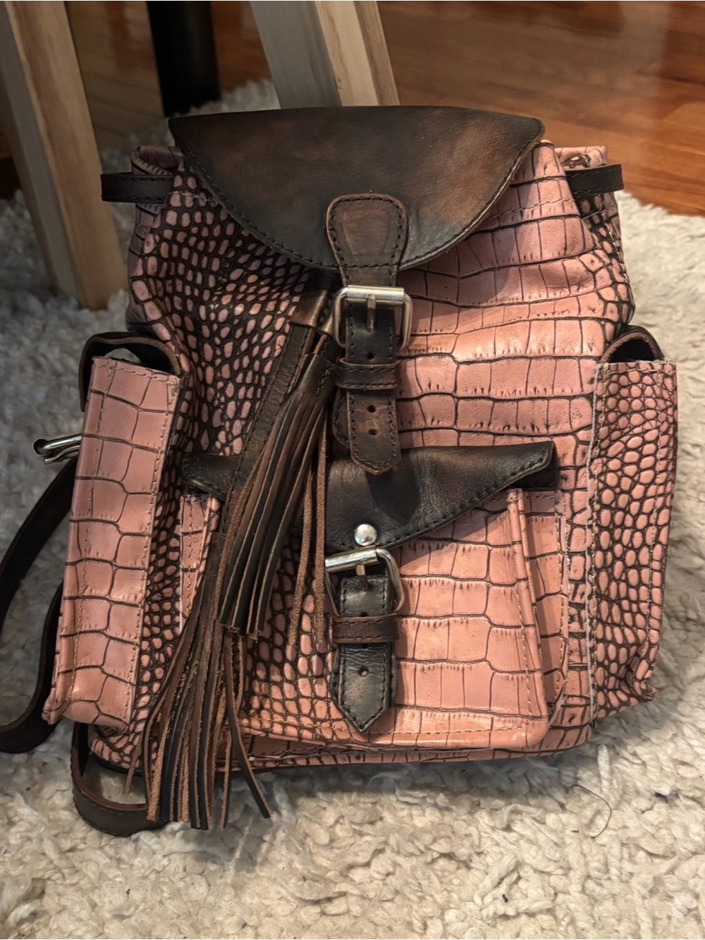 Freebird by Steven Pink Croc-Embossed Backpack with Dark Brown Trim
